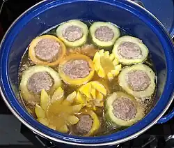 Pork-stuffed cucumber and zucchini soup in pork broth.