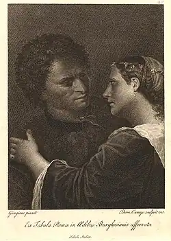 A man and woman embracing, plate from Schola Italica Picturae