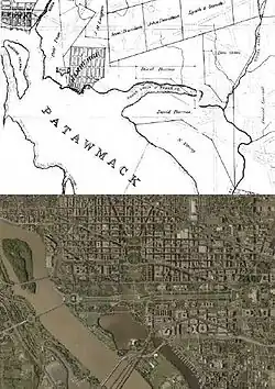 Tiber/Goose Creek around 1800, and the modern shorelines of the Potomac River
