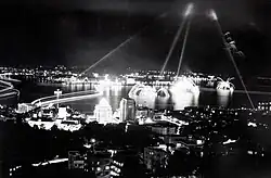 A black and white photo of fireworks at night. The fireworks are shown as streaks of light arching above the water.