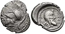 Portrait of Lycian ruler Erbbina wearing the Persian cap on the reverse of his coins (ruled 390–380 BC).