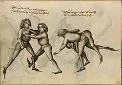 Wrestling in a fight book by Hans Talhoffer[63]