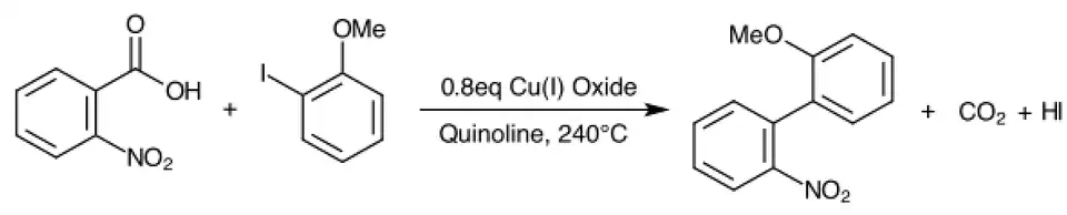 First reported decarboxylative Ullmann coupling (Nilsson, 2005)