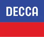 square logo in two colours (blue above red) with the word Decca centered in the blue field