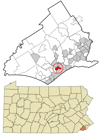 Location of Upland in Delaware County, Pennsylvania (top) and of Delaware County in Pennsylvania (below)