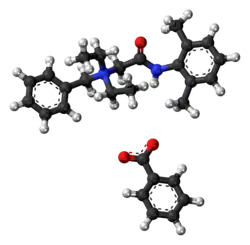 Ball-and-stick models of the both ions in denatonium benzoate