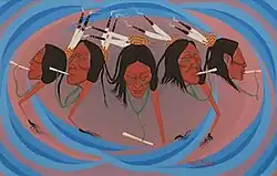 Painting showing five depictions of the same man with bone whistle in his mouth, painted in a flat style with abstracted blue and mauve shapes around him.