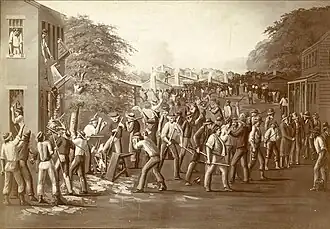 Depiction of the destruction of W.W Phelp's printing shop in Independence, Missouri