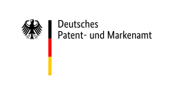 From left to right: A stylised black eagle with wings outstretched, head facing left; A vertical sequence of black (top), red and yellow (bottom) rectangles; The text "Deutsches Patent- und Markenamt"