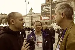 From left: Diego Bianchi with Guido Scorza and Alessandro Gilioli in Rome in 2010, while carrying out a type of gonzo journalism at a Popolo Viola demonstration