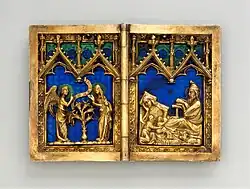 German diptych with religious scenes; 1300–1325; silver gilt with translucent and opaque enamels; overall (opened): 6.1 x 8.6 x 0.8 cm; Metropolitan Museum of Art