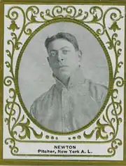 A black and white baseball card of a man in a light baseball uniform