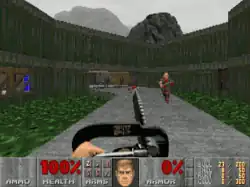 A hand holding a chainsaw with enemies standing on a path through green liquid