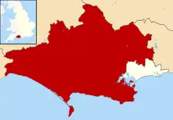 The Dorset unitary authority area within the eponymous ceremonial county. To the east is the Bournemouth, Christchurch and Poole unitary authority area.