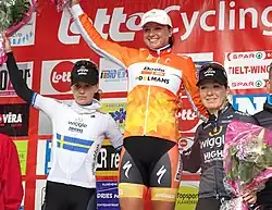 Chantal Blaak (centre), Emma Johansson (left) and Amy Pieters on the podium after the race