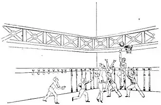 Image 10An illustration of a basketball game that accompanied Naismith's article from The Triangle in 1892 listing his 13 rules. (from History of basketball)
