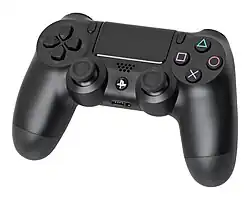 A black DualShock 4 controller