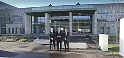 Scottish First Minister John Swinney with the Woodmill High School and St Columbus RC High School Rectors outside the new Dunfermline Learning Campus Building.
