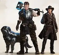 In the center of the image, a human artificer wearing a breastplate and goggles pushed onto the forehead with a large arcane hammer held aloft over a shoulder. Slightly behind and to the left there is a mastiff made out of steel. Slightly behind and to the right is a second artificer dressed like a cowboy and holding a firearm.