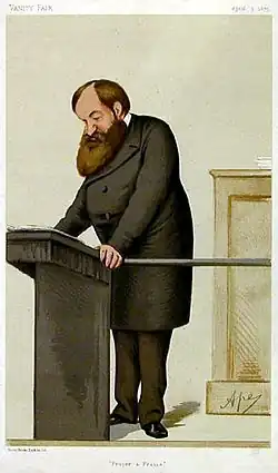 Caricature illustration of Dwight Lyman Moody from Vanity Fair magazine showing him as a portly man with a beard