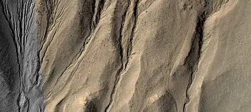 Close view of gully alcoves Picture is about 1 km across. Curves in channels and streamlined forms are evidence that these gullies were not created by landslides. They suggest the involvement of liquid water.