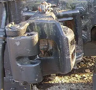 MCB Type 5 coupler circa 1893. Split knuckle accommodates link and pin coupler or Johnston coupler. Vertical hole in knuckle accommodates the pin. Could also have accommodated a buffers and chain coupler with an extra pin.