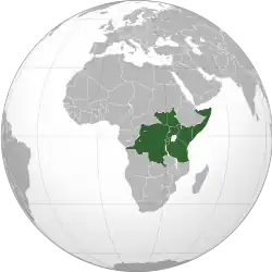 An orthographic map projection of the world, highlighting the East African Community's member states (green)