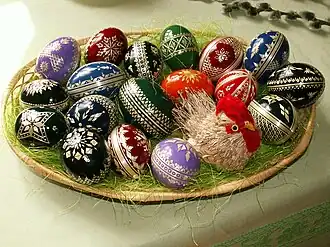 Easter eggs, a symbol of the empty tomb, are a popular cultural symbol of Easter.[25]
