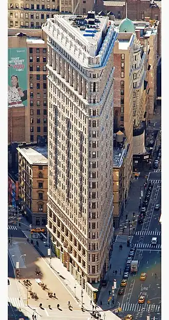 Aerial view of the Flatiron Building, facing south toward the building's pointed facade