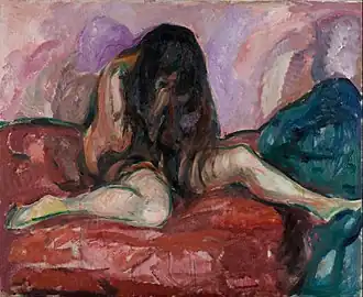 Weeping Nude, 1913–1914, .mw-parser-output .frac{white-space:nowrap}.mw-parser-output .frac .num,.mw-parser-output .frac .den{font-size:80%;line-height:0;vertical-align:super}.mw-parser-output .frac .den{vertical-align:sub}.mw-parser-output .sr-only{border:0;clip:rect(0,0,0,0);clip-path:polygon(0px 0px,0px 0px,0px 0px);height:1px;margin:-1px;overflow:hidden;padding:0;position:absolute;width:1px}110 cm × 135 cm (43+1⁄4 in × 53+1⁄4 in), Munch Museum, Oslo