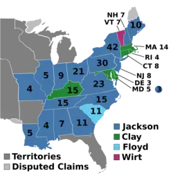 A map of the 1832 presidential election. Blue states were won by Jackson.