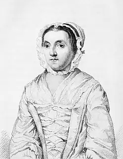A half-length monochrome portrait of a young woman in 18th-century dress