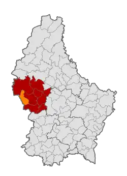 Map of Luxembourg with Ell highlighted in orange, and the canton in dark red