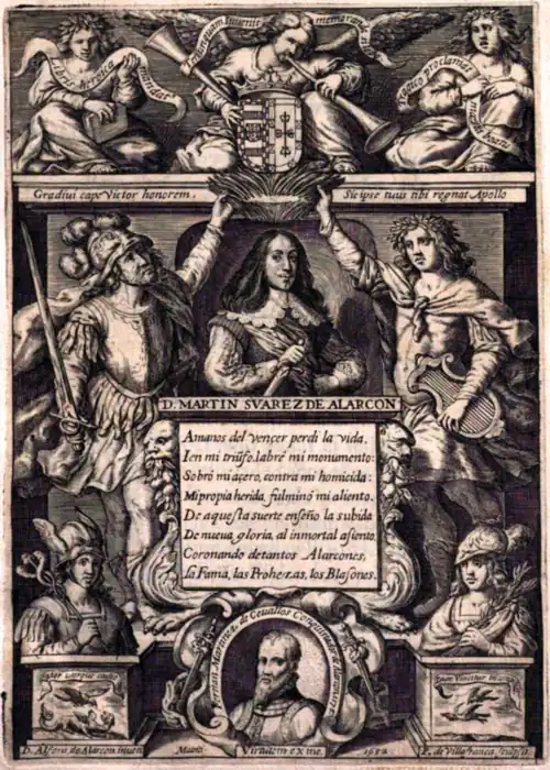 Engraving from "Corona Sepulcral. Elogios En La Muerte De Don Martin Suarez de Alarcon", showing the Soares de Alarcão coat of arms, and portraits of the heir to the House of Torres Vedras, who had died heroically in battle in 1652, and of Fernán Martínez de Cevallos, conqueror of the castle of Alarcón in 1176 who instituted the Alarcón lineage.