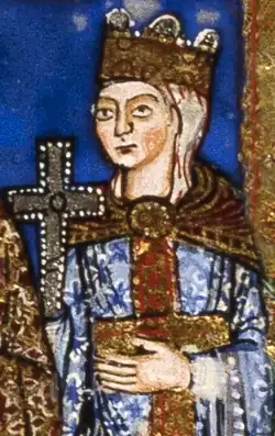 Matilda is crowned and holds a large cross in her right hand.