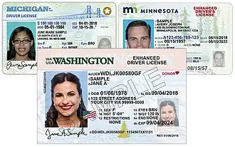 Sample enhanced driver license issued by the state of Washington. The US flag appears near the photo.