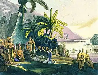 King Kamehameha I receiving the Russian naval expedition of Otto von Kotzebue. Drawing by Louis Choris in 1816.