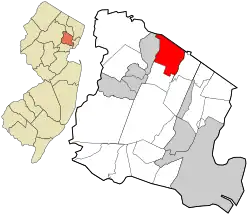 Location of Caldwell in Essex County highlighted in red (right). Inset map: Location of Essex County in New Jersey highlighted in orange (left).