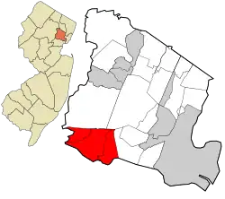 Location of Millburn in Essex County highlighted in red (right). Inset map: Location of Essex County in New Jersey highlighted in orange (left).