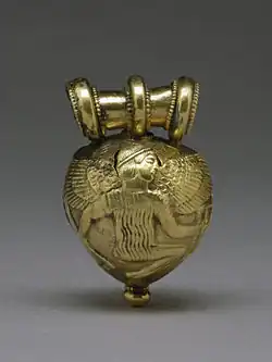 Bulla with Daedalus and Icarus; 5th century BC; gold; 1.6 by 1 by 1 centimetre (0.63 in × 0.39 in × 0.39 in); Walters Art Museum (Baltimore)