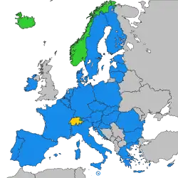 Map of Europe highlighting countries that are part of the European single market, in which Liechtensteiner citizens have free movement rights