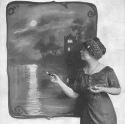 Evelyn Bargelt with one of her live drawings, a night scene over water, from a 1913 publication