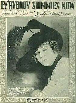 Sheet music cover of "Ev'rybody Shimmies Now" with a photo of Mae West in 1918