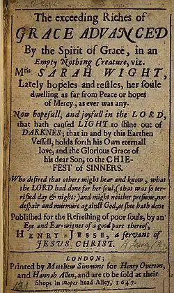 Title page of The Exceeding Riches of Grace (1647), probably the most popular book Allen sold.