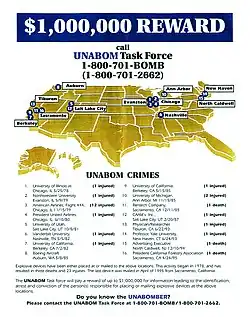 FBI poster offering a $1 million reward for information leading to the Unabomber's capture