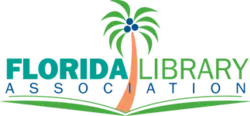 A palm tree standing over what looks like a book with the words Florida Library Association across the middle