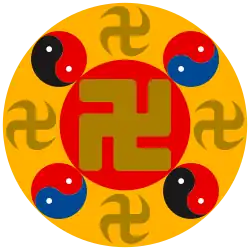 Falun Gong emblem, a large swastika on red circle surrounded by four small taijitus and four small swastikas on golden circle