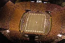 Ariel photograph of Faurot Field during a football game