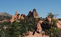 End-on view of hogbacks from the south, resembling a finger (left) and praying hands (right)