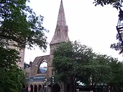 The First Church in Boston was rebuilt behind its 19th-century shell after a fire in 1968.
